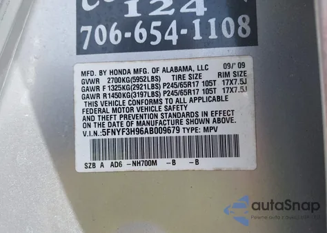 2010 Honda Pilot Touring from USA, damaged, VIN 5FNYF3H96AB009679